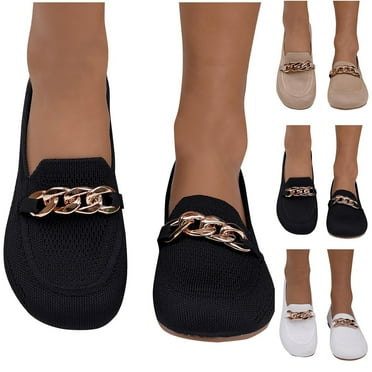 Miluxas Women's Round Toe Knitted Flats Shoes Clearance Metal Chain Strap Slip On Comfortable Dress Ballet Flat Breathable White 9.5(43)