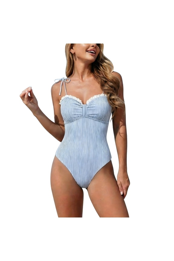 Women's Ruffled Sweetheart Neck One Piece Swimsuit Bow Tie Shoulder Ribbed Striped High Cut Bathing Suit for Beach Pool Blue
