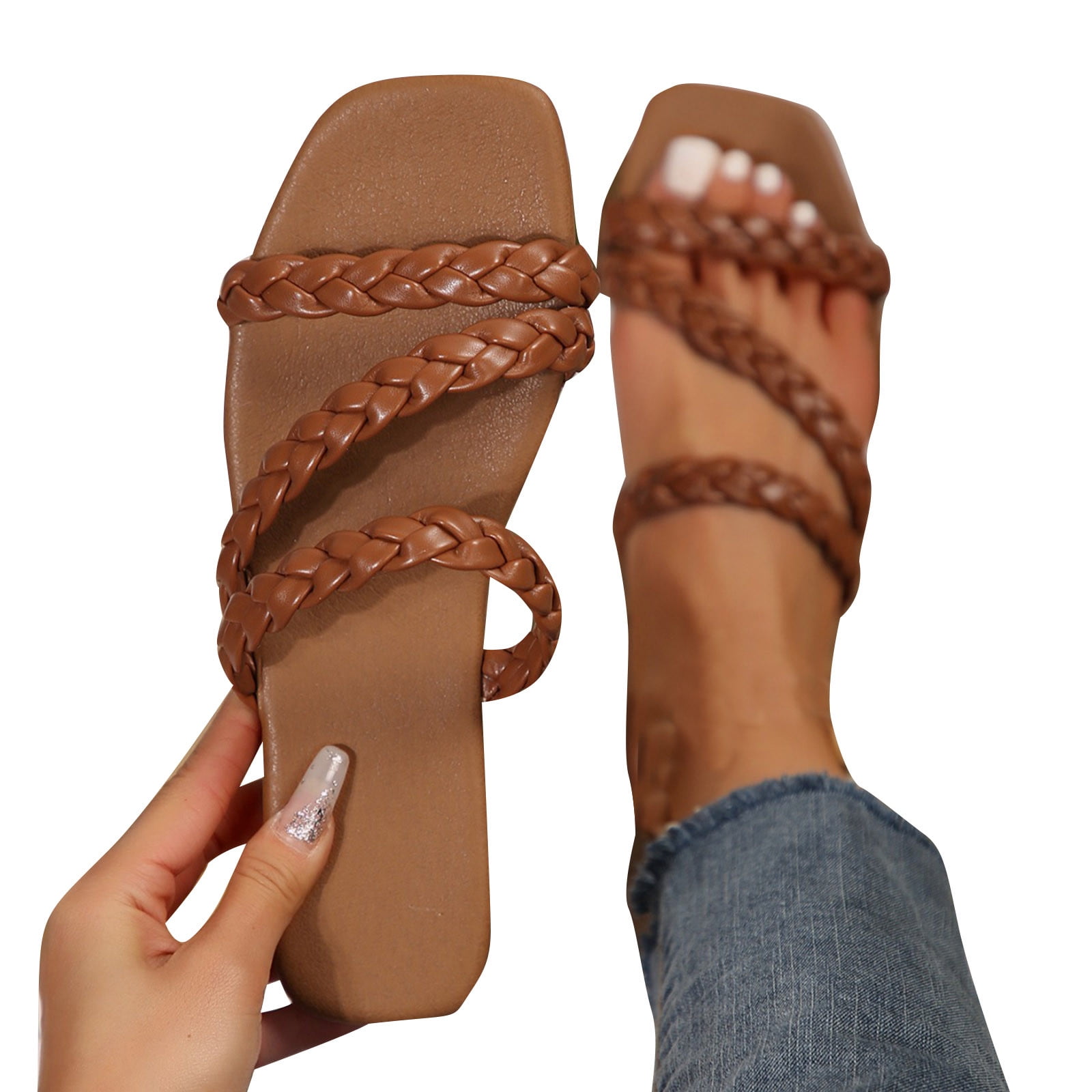 Mtzyoa Women's Braided Flat Sandals – Casual Square Toe Summer Sandals, Cream, Size 8.5 - View #13