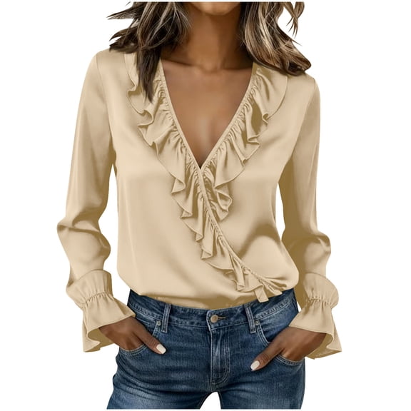 Miluxas Women's Satin Elegant Ruffles Long Sleeve Blouse Casual V Neck Button Down Fall Loose office Work Shirts Tops Gold XXL(XXL)