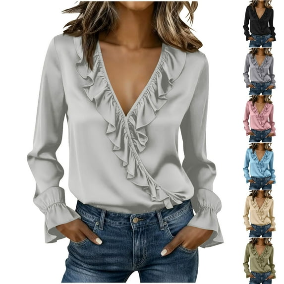 Miluxas Women's Satin Elegant Ruffles Long Sleeve Blouse Casual V Neck Button Down Fall Loose office Work Shirts Tops Silver XL(XL)