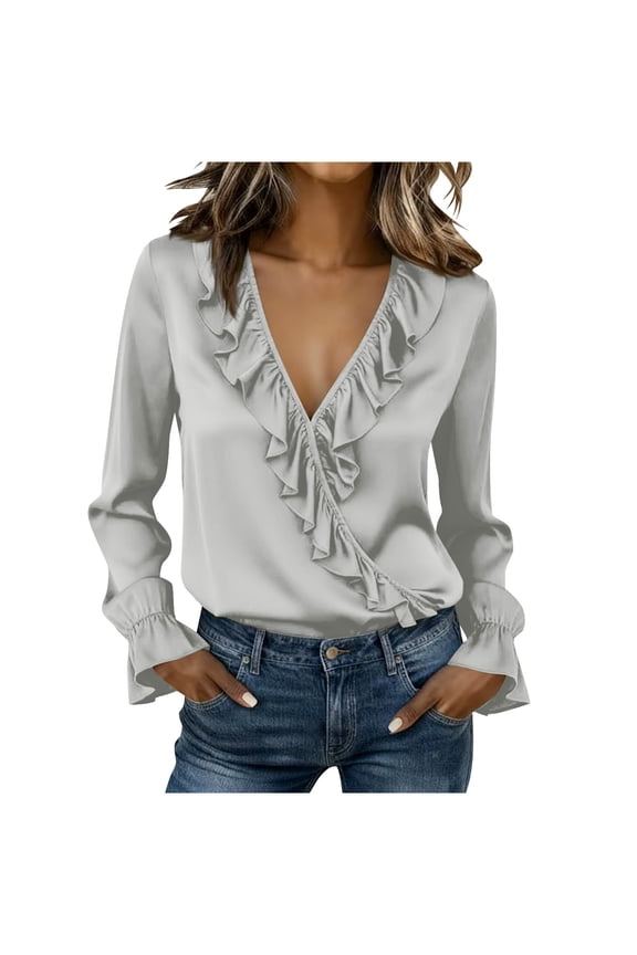 Women's Satin Elegant Ruffles Long Sleeve Blouse Casual V Neck Button Down Fall Loose office Work Shirts Tops Silver XXL(XXL)