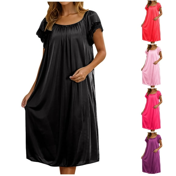 Miluxas Women's Satin Silk Pleated Nightgown Loose Sleepwear Nightshirt Short Sleeve Sleep Dress Red Free Size