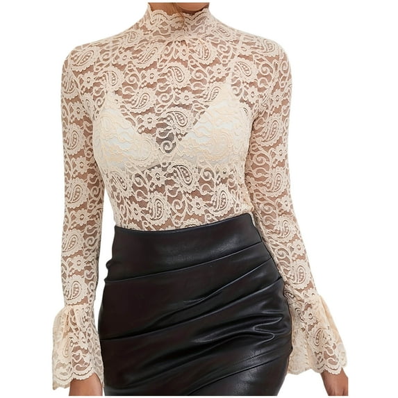 Miluxas Women's See Through Shirts Long Sleeve Turtleneck Sheer Floral Lace Blouse Top Khaki 8-10(M)