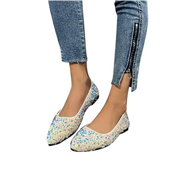 Miluxas Women's Sequin Flats Fashion Pointed Toe Pearl Diamond Low Heel Dress Wedding Flats Work Business Dance Ballet Flats Beige 6.5(38)