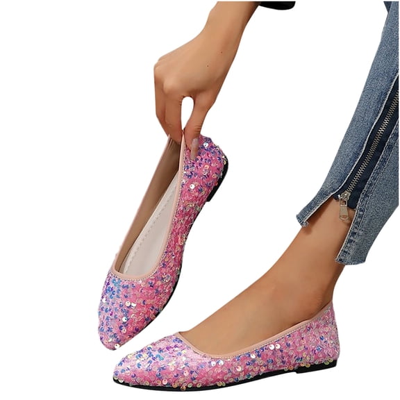 Miluxas Women's Sequin Flats Fashion Pointed Toe Pearl Diamond Low Heel Dress Wedding Flats Work Business Dance Ballet Flats Pink 5.5(36)