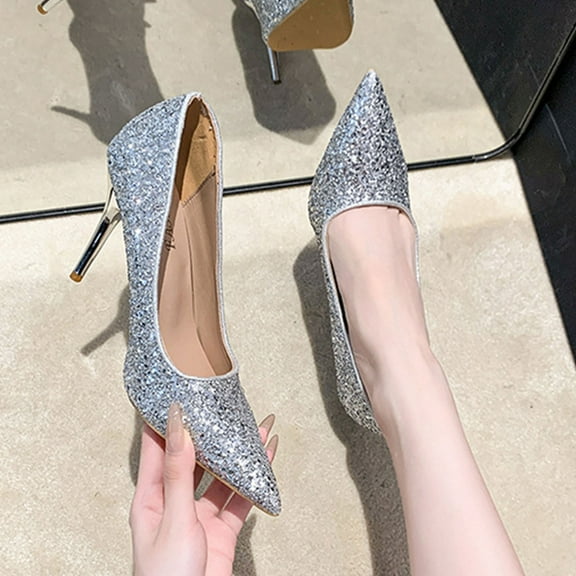 Miluxas Women's Sequin Mid Heel Wedding Pumps Pointed Toe Sparkly Party Wear Glitter Bridal Shoes Silver 6.5(38)