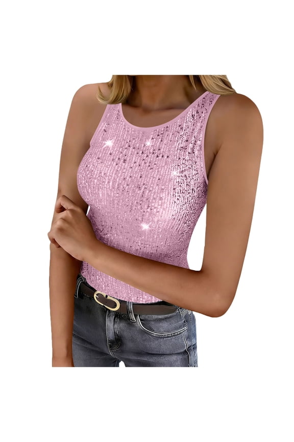 Women's Sequin Tank Tops Sleeveless Scoop Neck Sparkly Party Camisole Vest Pink S(S)