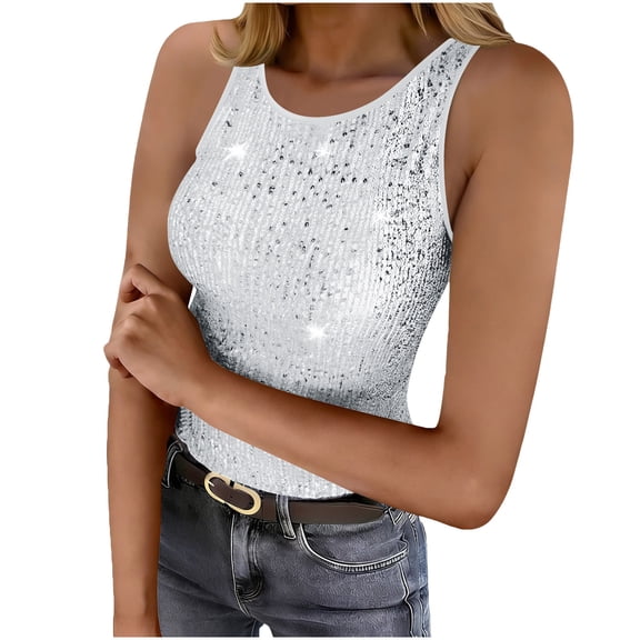 Miluxas Women's Sequin Tank Tops Sleeveless Scoop Neck Sparkly Party Camisole Vest White S(S)