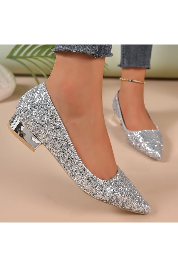 Women's Sequins Closed Pointed Toe Flat Shoes Comfortable Slip On Shiny Bridal Wedding Flats Classic Chunky Heel Party Dress Shoes Silver 6.5(38)