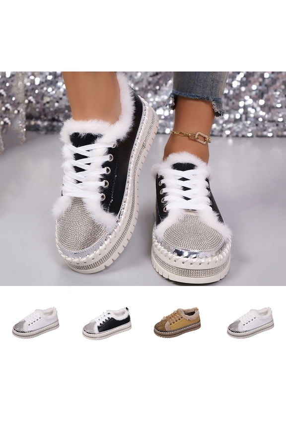 Women's Sequins Flat Lace Up Warm Fleece Sneakers Comfortable Shiny Wedding Bridal Fashion Walking Shoes White 9.5(43)