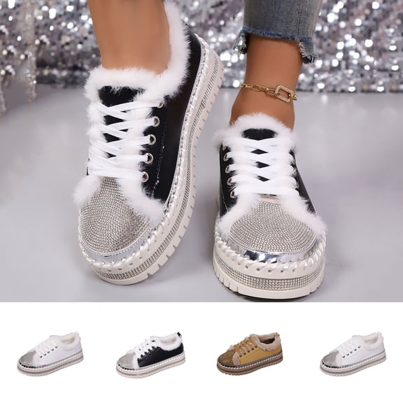 Miluxas Women's Sequins Flat Lace Up Warm Fleece Sneakers Comfortable Shiny Wedding Bridal Fashion Walking Shoes White 9.5(43)
