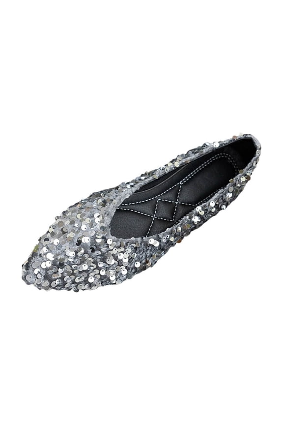 Women's Sequins Flats Elegant Glitter Ballet Flats Dress Wedding Shoes Pointed Toe Soft Sole Slip on Shoes for Women Silver 7(39)