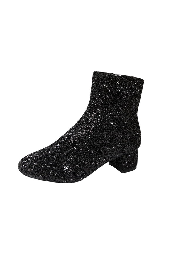 Women's Sequins Glitter Chunky Heel Ankle Boots Sparkly Wedding Bridal Party Dress Shoes Block Low Heel Side Zipper Booties Black 6.5(38)