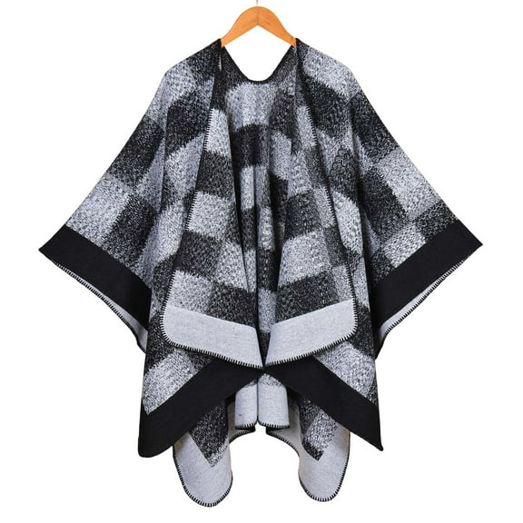 Miluxas Women's Shawl Wraps Open Front Travel Poncho Cape Warm Oversized Plaid Sweaters Casual Cardigan Shawls Black Free Size