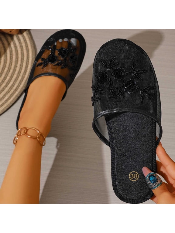 Women's Sheer Mesh Floral Slides, Beaded Flower Embroidery Open-Back Slippers, Breathable Flat Mules in Soft Colors for Summer Black 6.5(38)