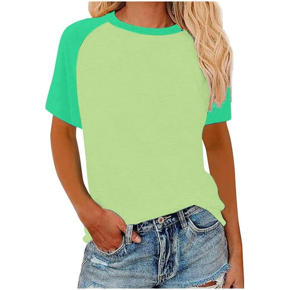 Miluxas Women's Short Raglan Sleeve T-Shirts Casual Color Block Tops Green S(S)