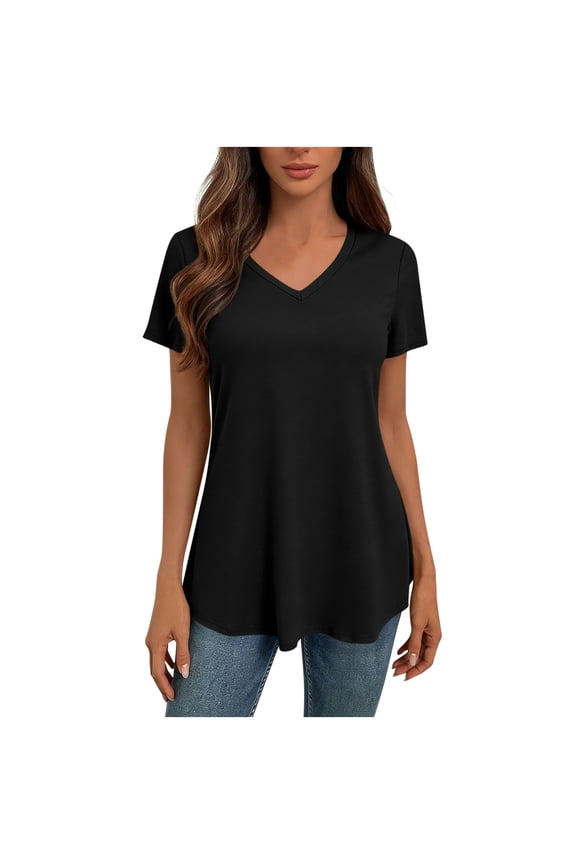 Women's Short Sleeve Flowy Swing V Neck Tunic Tops for Leggings Solid Loose Fit Dressy Casual Tee Summer Beach Basic T Shirts Black