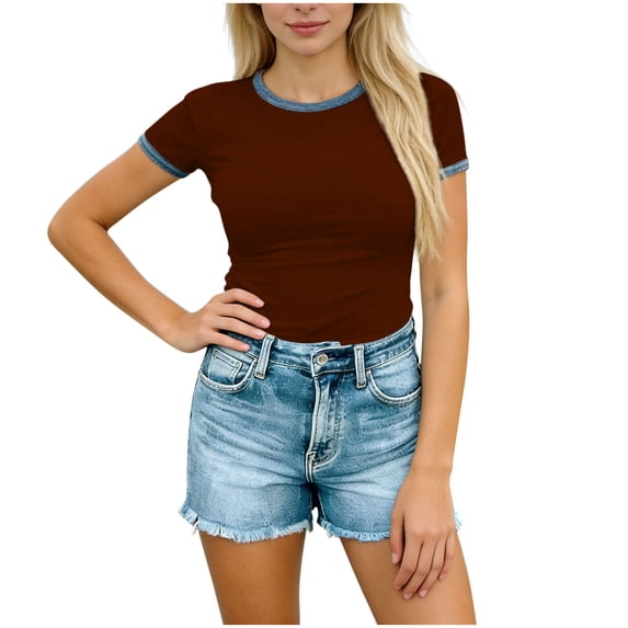 Miluxas Women's Short Sleeve Round Neck T-Shirt Contrast Trim Slim Fit Casual Basic Tops for Everyday Wear Coffee