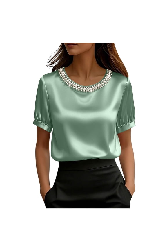 Women's Short Sleeve Satin Blouses Dressy Pearl Embellished Crew Neck Top Elegant Business Solid Color Loose Party Shirt Green M(M)