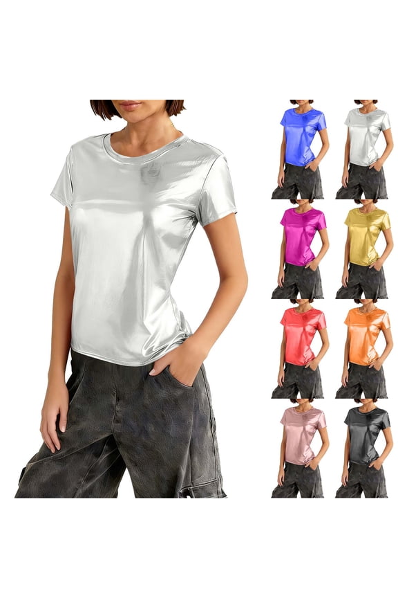 Women's Short Sleeve T Shirts Metallic Shiny Top Casual Round Neck Party Disco Club Tees Silver XL(XL)