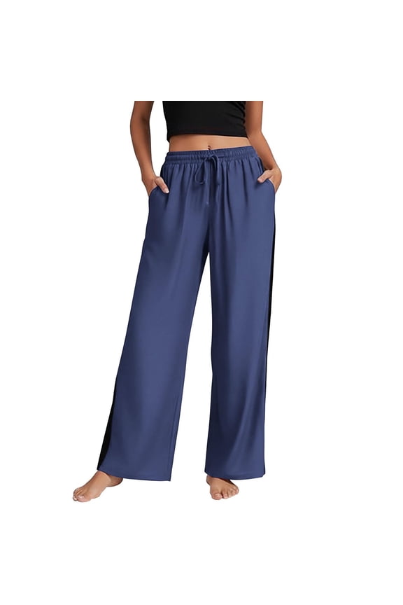 Women's Side Stripe Track Pants Elastic High Waist Loose Wide Leg Athletic Pants Solid Running Workout Casual Sweatpants with Pockets Navy