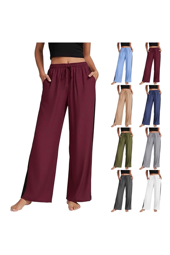Women's Side Stripe Track Pants Elastic High Waist Loose Wide Leg Athletic Pants Solid Running Workout Casual Sweatpants with Pockets White