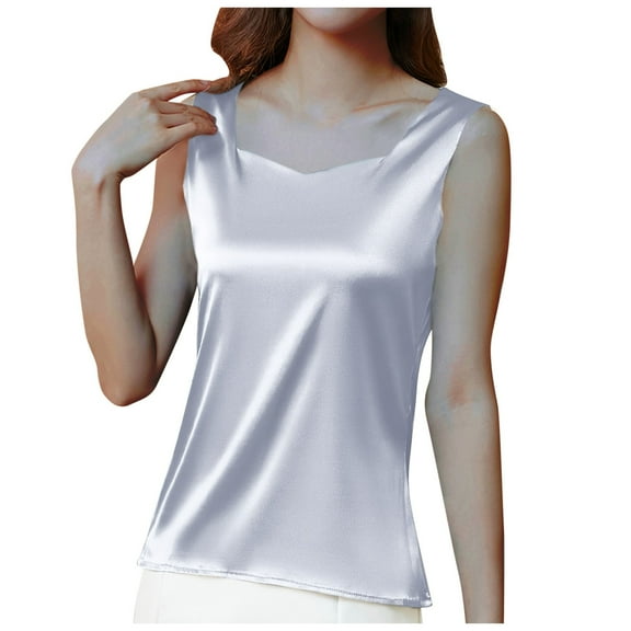 Miluxas Women's Silk Satin Tank Tops V Neck Camisole Casual Cami Sleeveless Shirt Blouses Silky Basic Tanks Gray 20-22(XXL)