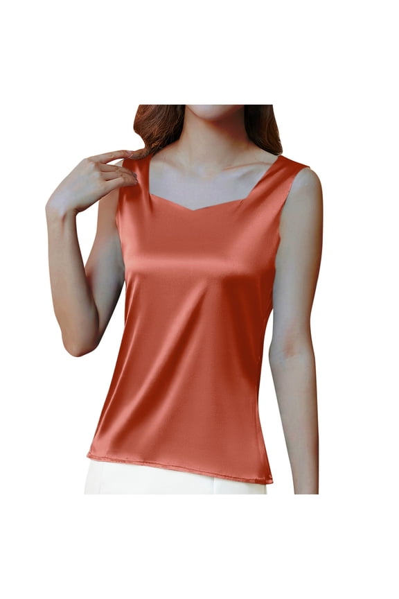 Women's Silk Satin Tank Tops V Neck Camisole Casual Cami Sleeveless Shirt Blouses Silky Basic Tanks Orange 12-14(L)