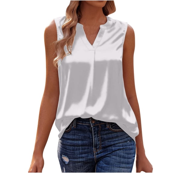 Miluxas Women's Silk Satin Tank Tops V Neck Sleeveless Down Blouse Causal Summer Cami White 6(M)