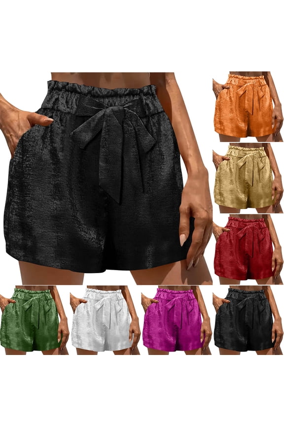 Women's Silky Satin Shorts Bow Tie Elastic Ruffled Waist Casual Loose Wide Leg Shorts with Pockets for Summer Vacation & Daily White