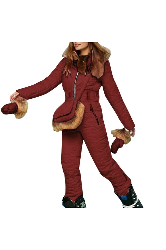 Women's Ski Suit One Piece Snowsuits Jumpsuits Winter Waterproof Denim Ski Pants Snowboard Suits Red 8(L)