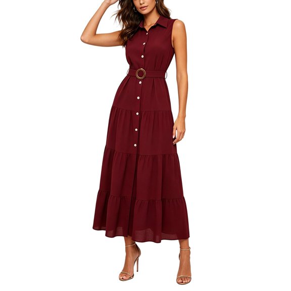 Miluxas Women's Sleeveless Collared Maxi Dress Button-Down Slit Front A-Line Flowy Shirt Dress with Belt Tiered Ruffle Beach Vacation Outfits Red