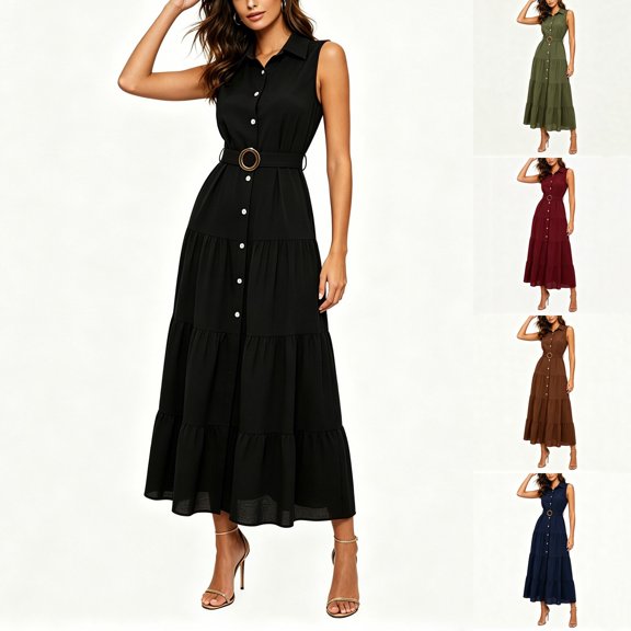 Miluxas Women's Sleeveless Collared Maxi Dress Button-Down Slit Front A-Line Flowy Shirt Dress with Belt Tiered Ruffle Beach Vacation Outfits Red