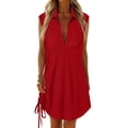 thumbnail image 1 of Miluxas Women's Sleeveless Collared Mini Dress V Neck Ruched Side Drawstring Shirt Dress Summer Striped Textured Casual Outfits Red, 1 of 8