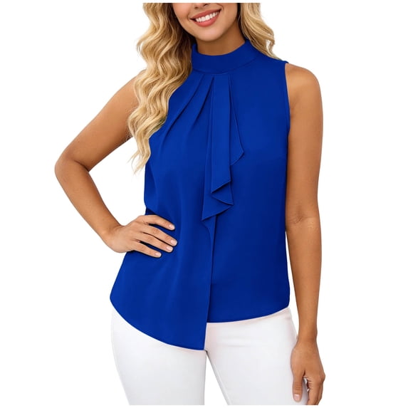 Miluxas Women's Sleeveless Halter Neck Blouse - Front Ruffle & Back Tie Bow Casual Tank Top Solid Flowy Shirts Ideal for Work and Daily Wear Blue