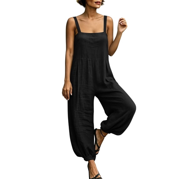 Miluxas Women's Sleeveless Jumpsuits Loose Wide Leg Harem Overalls with Pockets Lightweight Casual Rompers for Summer Beach Vacation Black