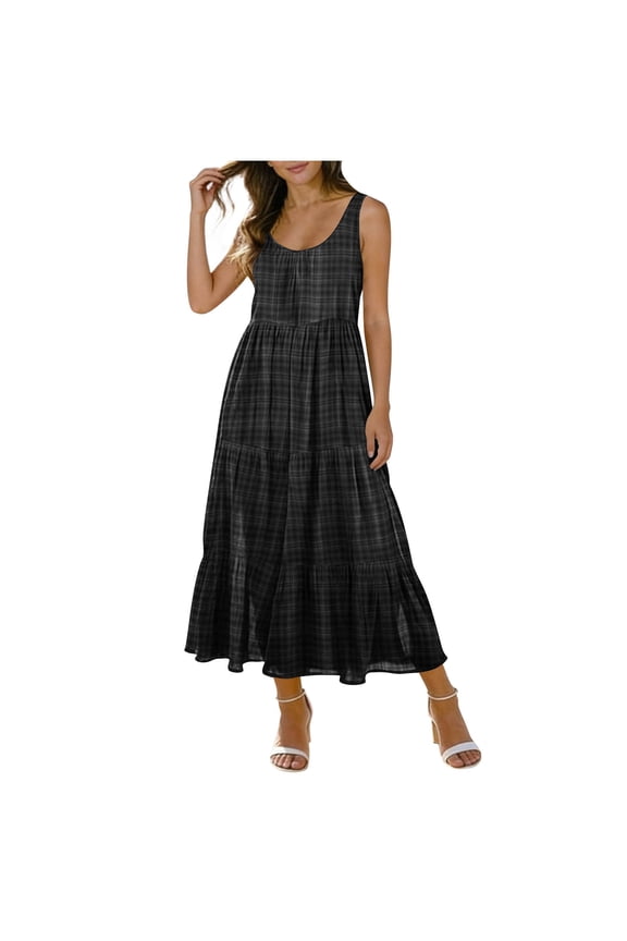Women's Sleeveless Retro Plaid A Line Maxi Dress Casual Loose Gingham Boho Pleated Tiered Long Dress Beach Swing Party Maxi Dress Dark Gray