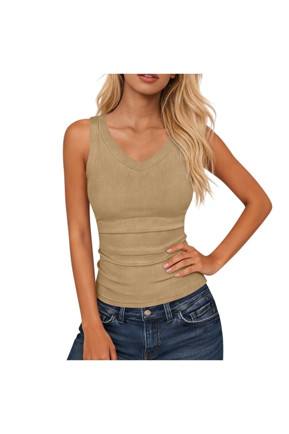 Women's Sleeveless Scoop Neck Ribbed Knit Tank Tops Fitted Basic Cami Tee Shirts Khaki S(S)