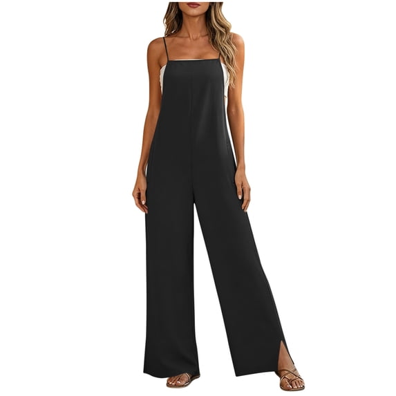 Miluxas Women's Sleeveless Spaghetti Strap Jumpsuit Casual Wide Leg Split Hem One Piece Outfit with Pockets Black
