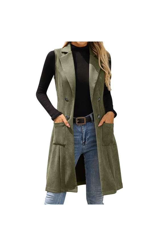 Women's Sleeveless Suede Long Vest Casual Lapel Open Front Duster Vest Casual Fashion Work Vests with Pockets Green XL(XL)