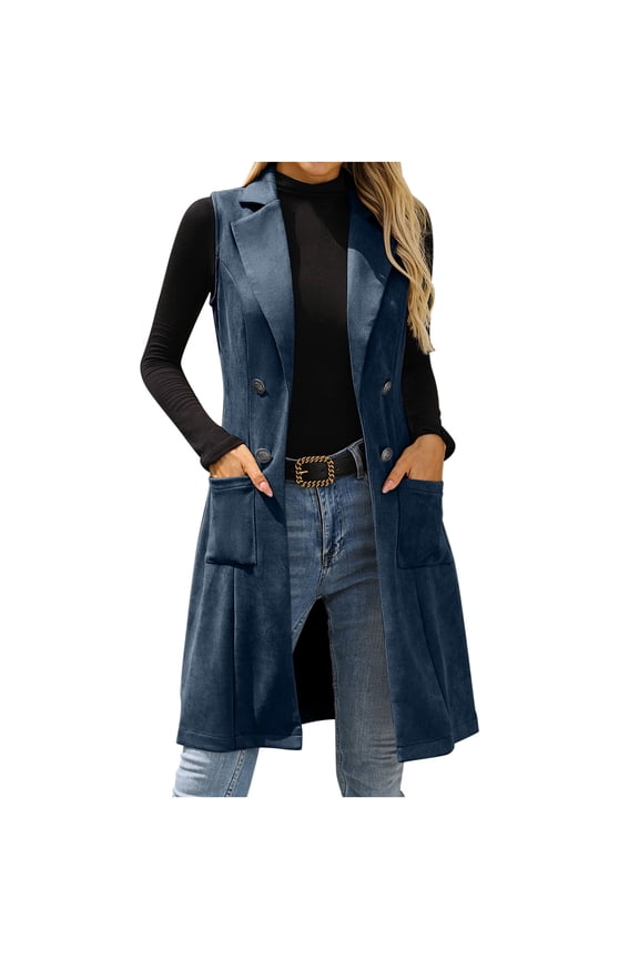 Women's Sleeveless Suede Long Vest Casual Lapel Open Front Duster Vest Casual Fashion Work Vests with Pockets Navy XL(XL)