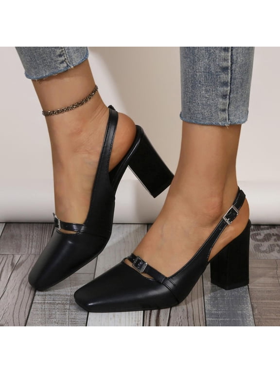 Women's Slingback Heels Low Chunky Heel Buckle Strap Pumps Square Toe Wedding Dress Shoes Black 6.5(38)