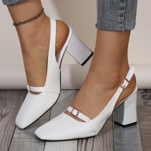 Miluxas Women's Slingback Heels Low Chunky Heel Buckle Strap Pumps Square Toe Wedding Dress Shoes White 6(37)