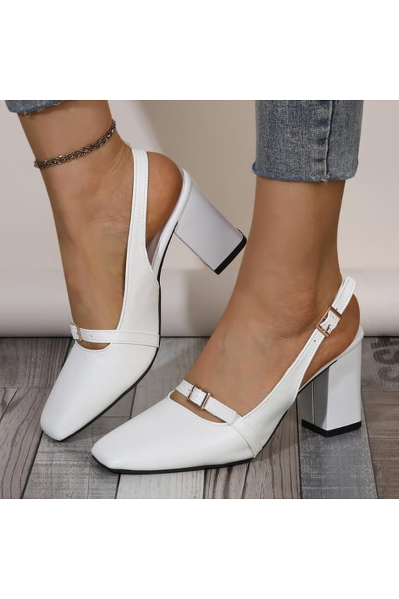 Women's Slingback Heels Low Chunky Heel Buckle Strap Pumps Square Toe Wedding Dress Shoes White 6(37)