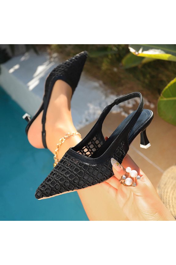 Women's Slingback Kitten Low Heels Mesh Pumps Closed Pointed Toe Wedding Work Dress Shoes Black 6(37)