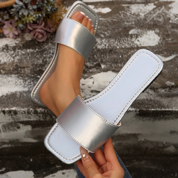 Miluxas Women's Slip on Sandals Boho Cute Dressy Square Toe Summer Slides Flat Shoes Silver 5.5(36)