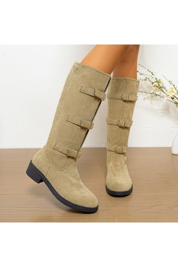 Women's Slouchy Knee High Boots Comfortable Wide Calf Platform Flat Tall Boot Stylish Round Toe Fall Winter Casual Boots for Women Khaki 8.5(41)