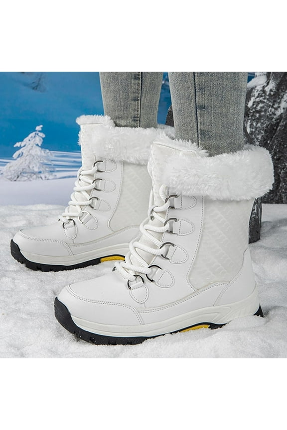 Women's Snow Boots Waterproof Winter Boot Walking Comfortable Hiking Outdoor Lace-Up Booties Lined Mid Calf Warm Shoes White 10.5(41)