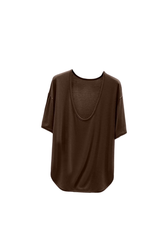 Women's Soft Comfy Modal Blend Short Sleeve T Shirts Summer Lightweight Deep V Neck Loose Fit Casual Tees Home Lounge Solid Basic Tops Coffee